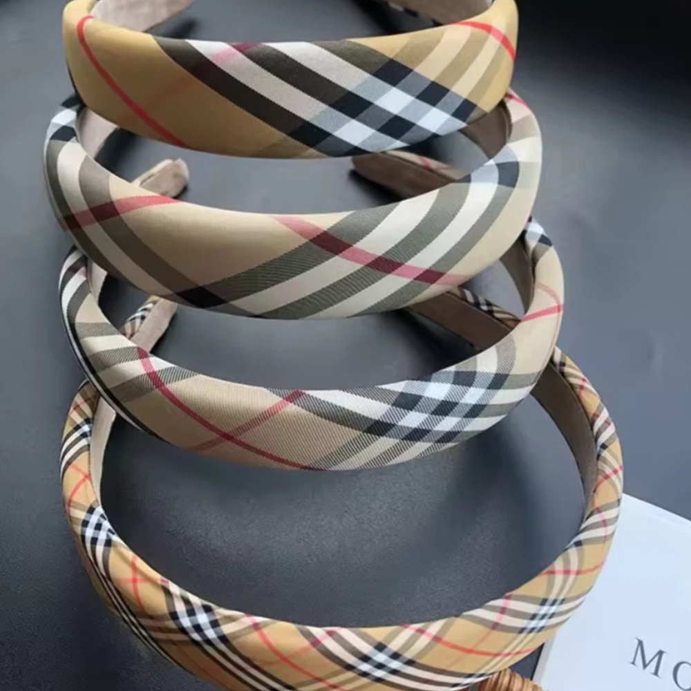 Plaid Headband Set - Beige and Black
